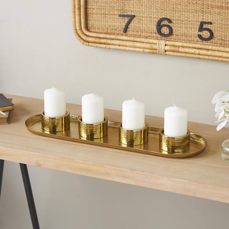 Stainless Steel Metal 4 Candle Candelabra with Attached Tray - Silver or Gold - Roche River Decor