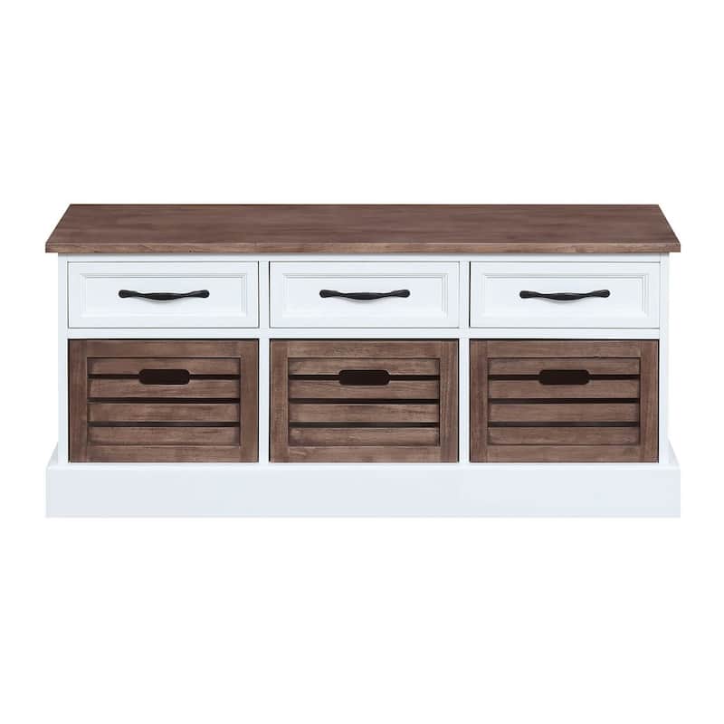 Two Toned Brown/ White Storage Bench with Drawers and Wooden Baskets