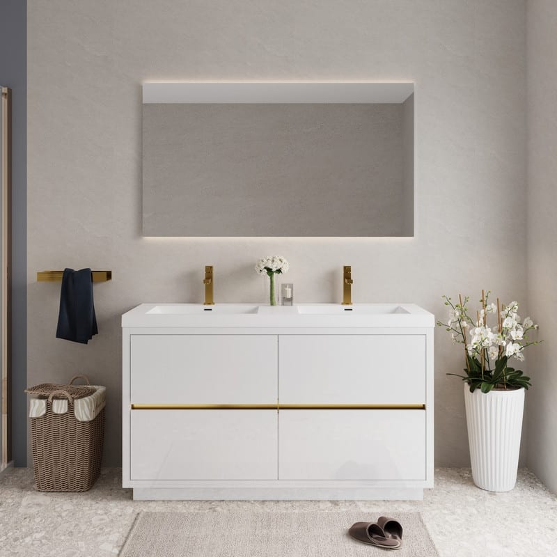 Abruzzo 60" Freestanding Vanity with Solid Surface Countertop Dual Sinks 4 Soft-Close Drawers