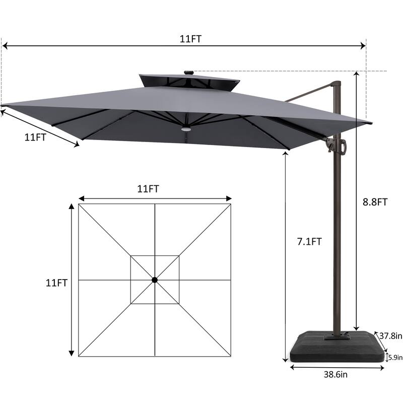 11 FT Square Outdoor Patio Cantilever Umbrella with Solar Lights 4-Piece Premium Base Double Canopy 360 Rotation Tilt