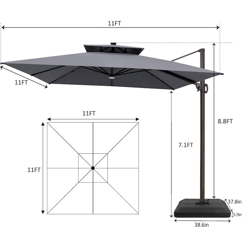 Pellebant 11X11 FT Outdoor Square Cantilever Patio Umbrella Solar LED Lighted with Premium Base Stand