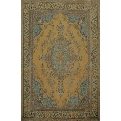 Hand Knotted Oriental 100% Wool Carpet Traditional Floral Yellow & Gold Tabriz Area Rug - 12' 10'' X 9' 10''