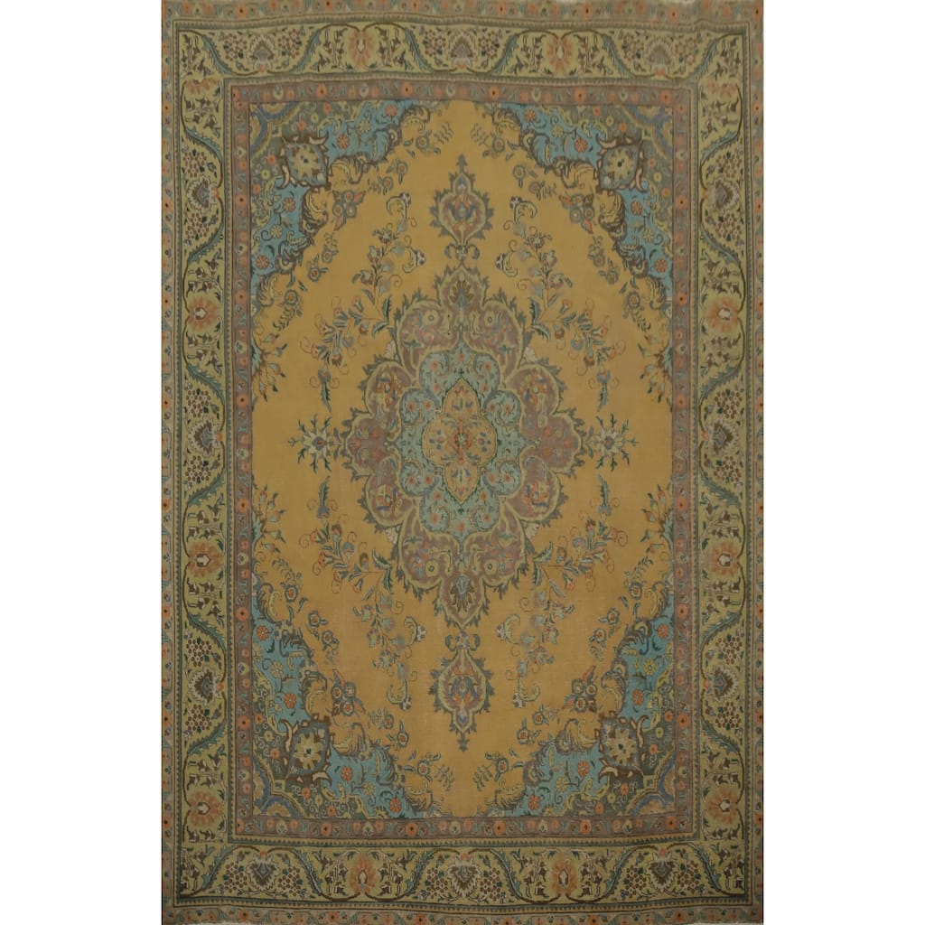 Hand Knotted Oriental 100% Wool Carpet Traditional Floral Yellow & Gold Tabriz Area Rug - 12' 10'' X 9' 10''