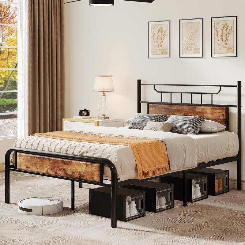 Moasis Full Platform Bed Frame with Headboard & Footboard Full Bed Frame with Storage Space Under Frame - Brown - Full