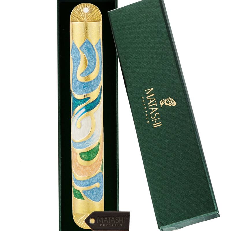Matashi Gold Hand Painted Enamel 6'' Mezuzah Embellished w/ Hebrew Shin Home Door Wall Decor Present Gift for Holiday Festival