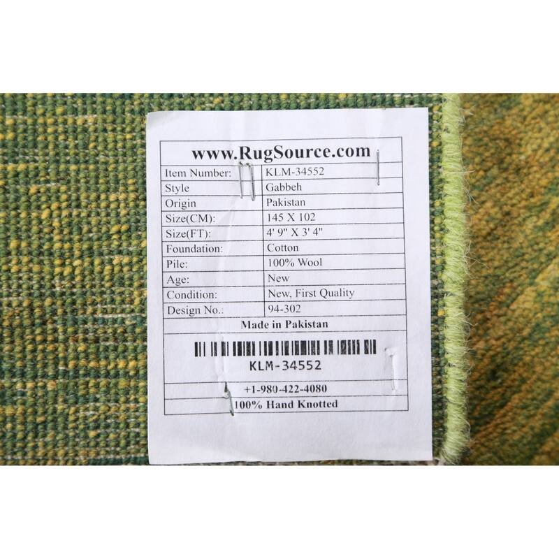 Green Yellow Modern Gabbeh Oriental Rug Hand-Knotted Wool Carpet - 3'4" x 4'9"