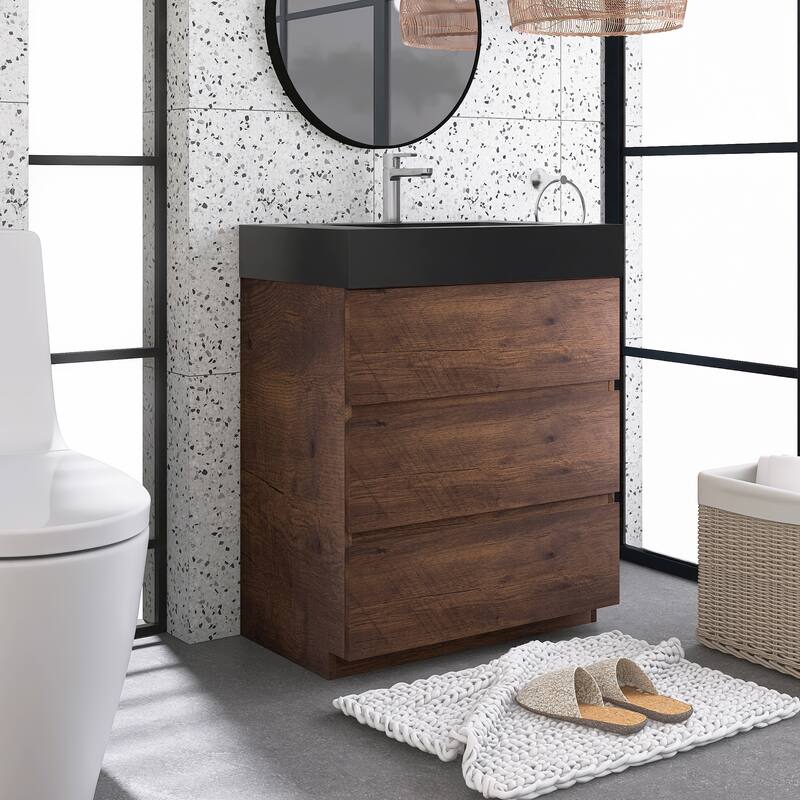 Freestanding Bathroom Vanity with Black Solid Surface Top