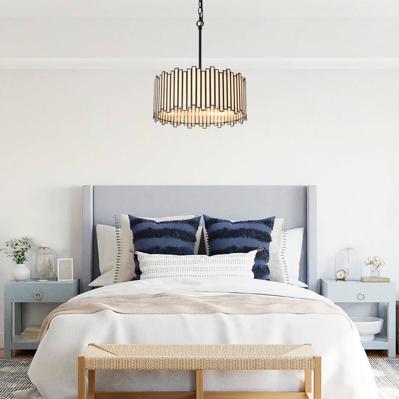 Tifany Modern Black 4-Light Drum Colored Glass Chandelier for Dining Room