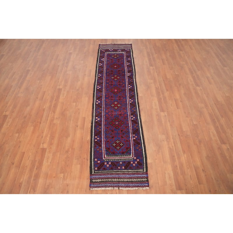 Hand Knotted Oriental 100% Wool Carpet Traditional Tribal Navy Blue & Blues Balouch Runner Rug - 8' 10'' X 2' 1''