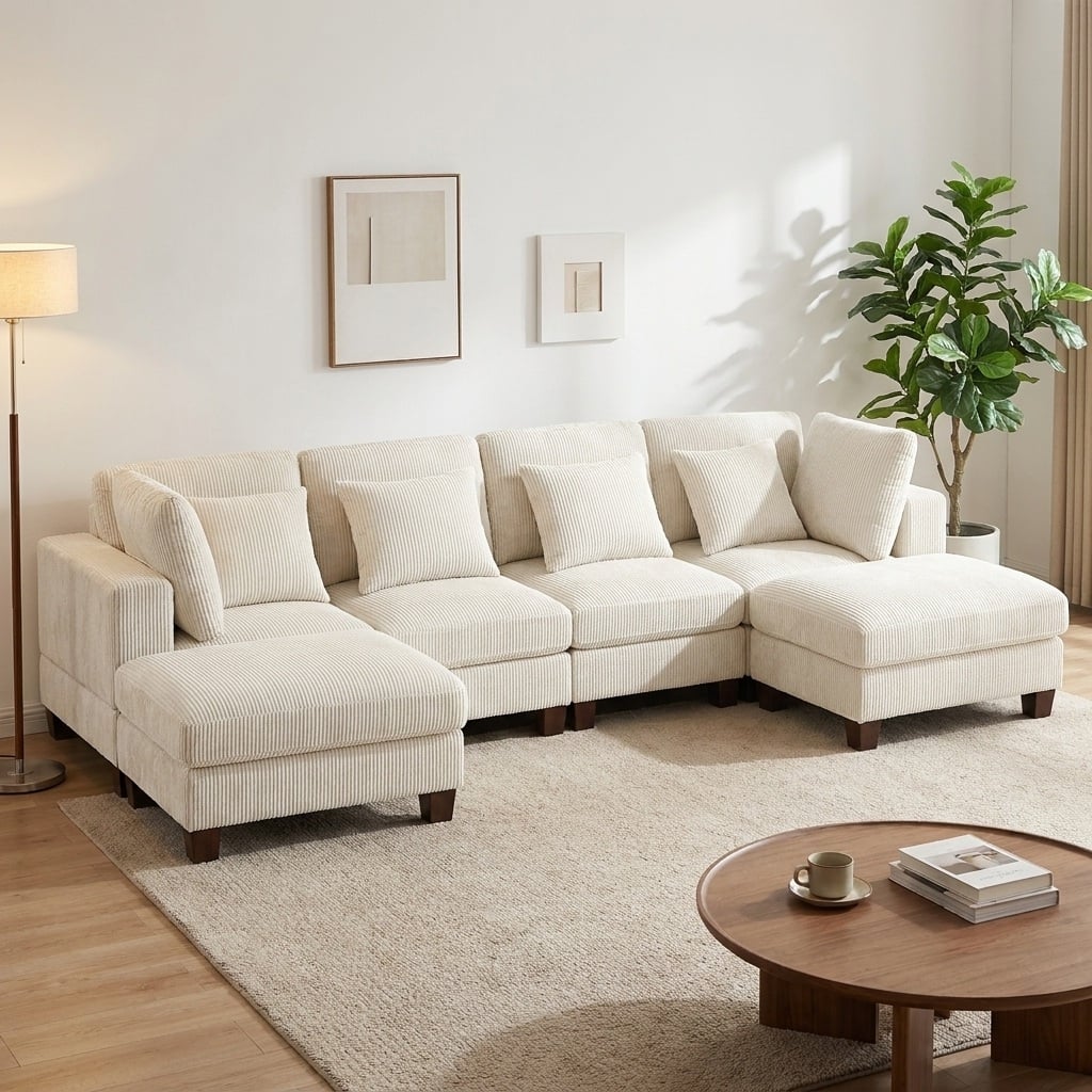 Corduroy Upholstered Sofa with Ottomans, 3-Seat & 4-Seat Living Room Couch Set, Cozy Modular Seating for Home
