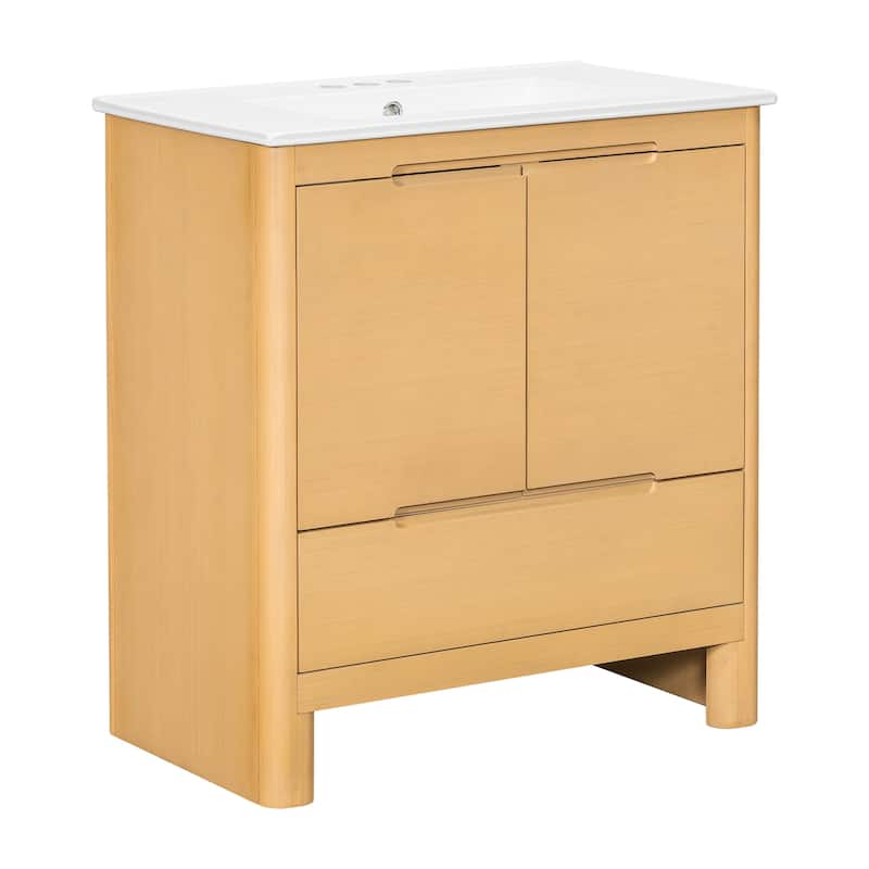 30" Modern Solid Wood Frame Bathroom Vanity Set with Ceramic Sink, Natural Wood Grain Cabinet & Soft-Close Doors