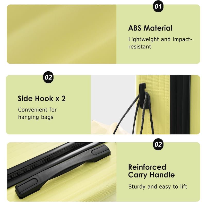 3-Piece, 20, 24, 28-Inch Modern Luggage Sets with Side Hooks and TSA Lock, for Boarding Travel, Tea Green