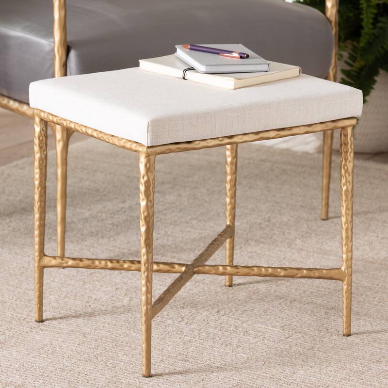 Fumiye Ottoman - Modern Rustic Accent Stool with Hand-Forged Metal Frame and Upholstered Seat for Living Room or Sitting Room