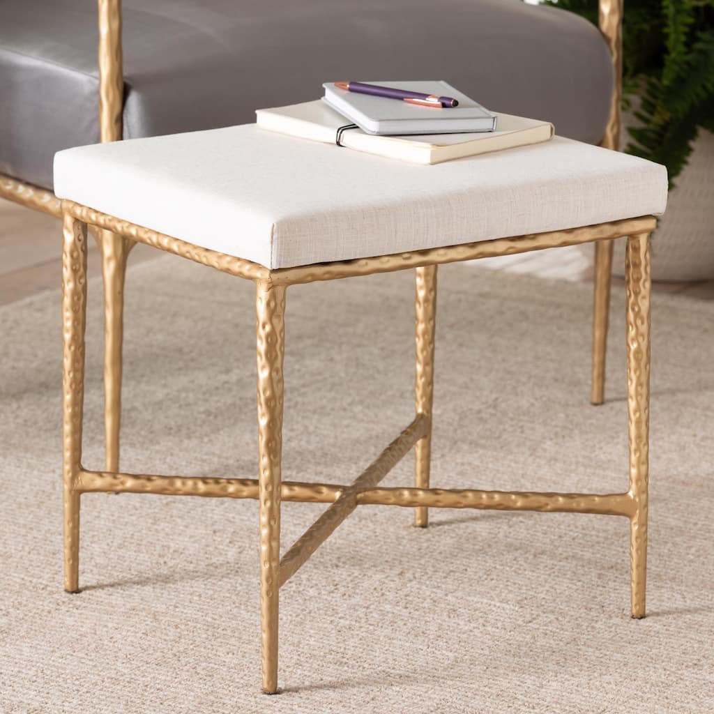 Fumiye Ottoman - Modern Rustic Accent Stool with Hand-Forged Metal Frame and Upholstered Seat for Living Room or Sitting Room