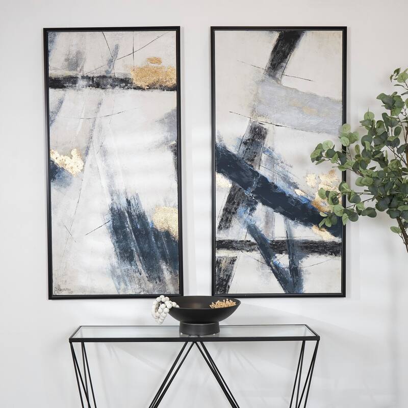 Light Gray Canvas Lines Abstract Framed Wall Art with Gold Foil Accents (Set of 2) - Grey