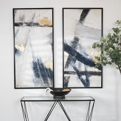 Light Gray Canvas Lines Abstract Framed Wall Art with Gold Foil Accents (Set of 2) - Grey