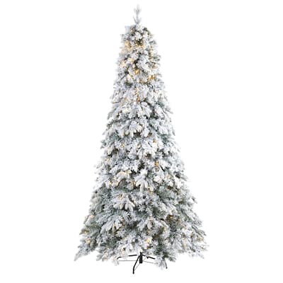 8ft. Flocked Mixed Pine Artificial Christmas Tree with 600 LED Lights - Towering Snowy Seasonal Holiday X-Mas Centerpiece