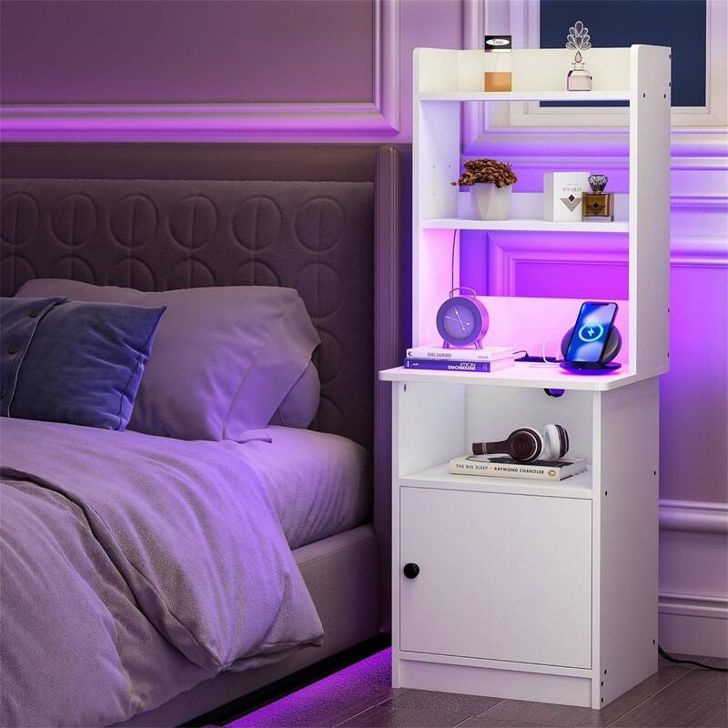 47" Tall Nightstand with Charging Station & LED Lights
