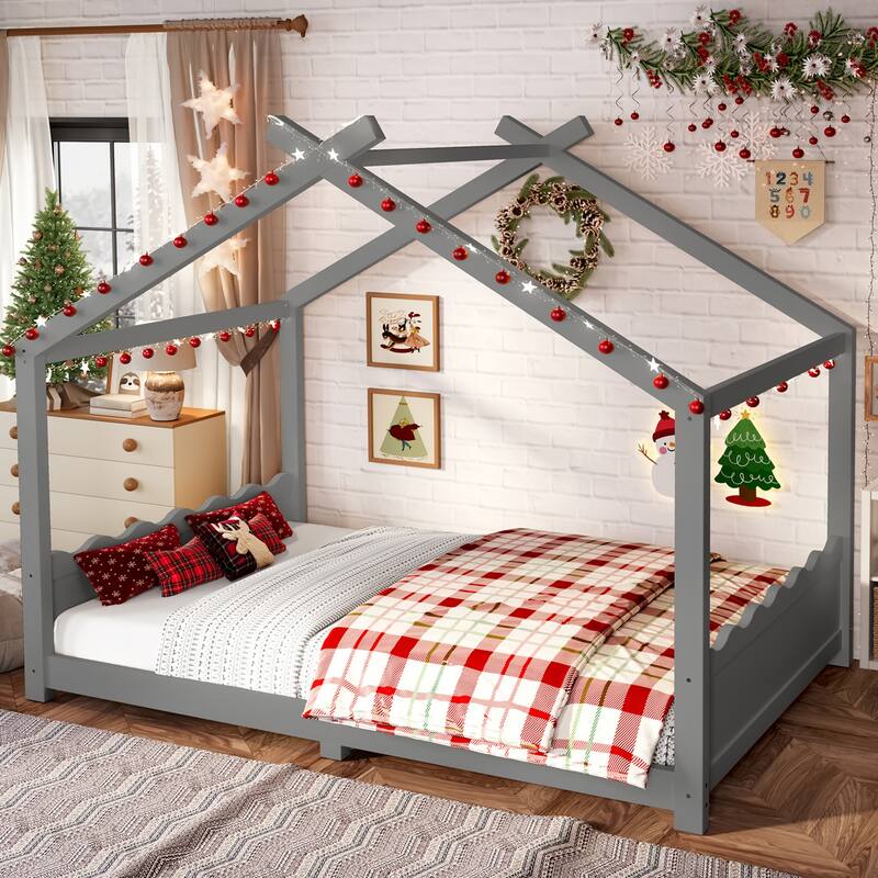 Montessori Bed Floor House Bed with Wave-shaped Headboard and Footboard