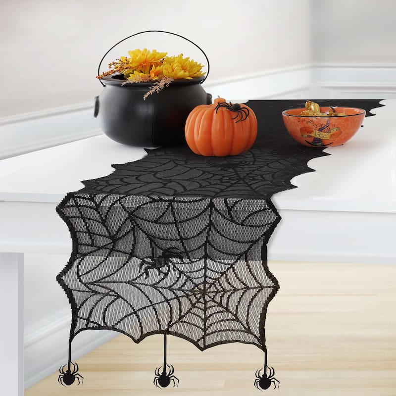 Crawling Halloween Spider Lace Table Runner and Mantle Scarf - 13"x70" - Black