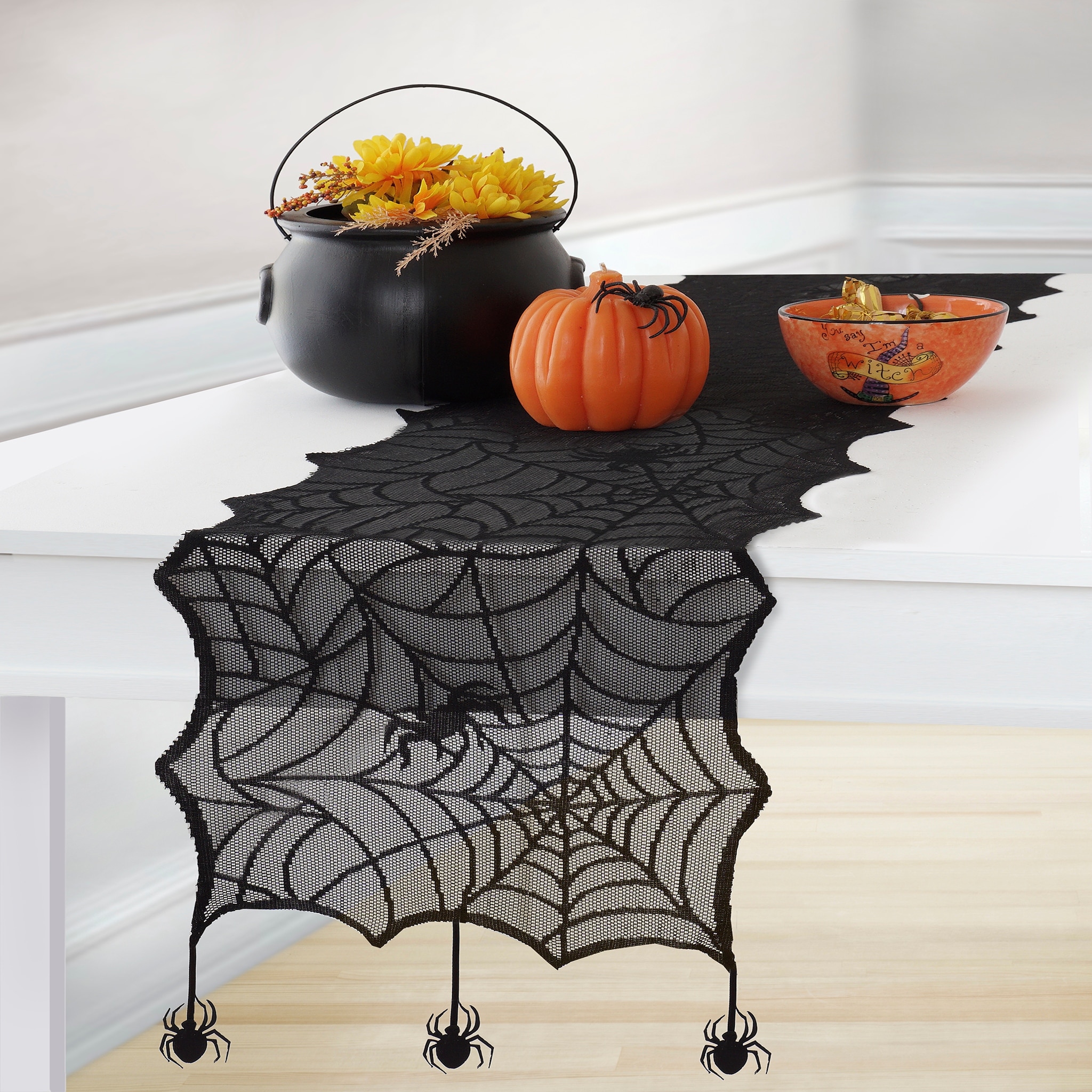 Crawling Halloween Spider Lace Table Runner and Mantle Scarf - 13"x70"