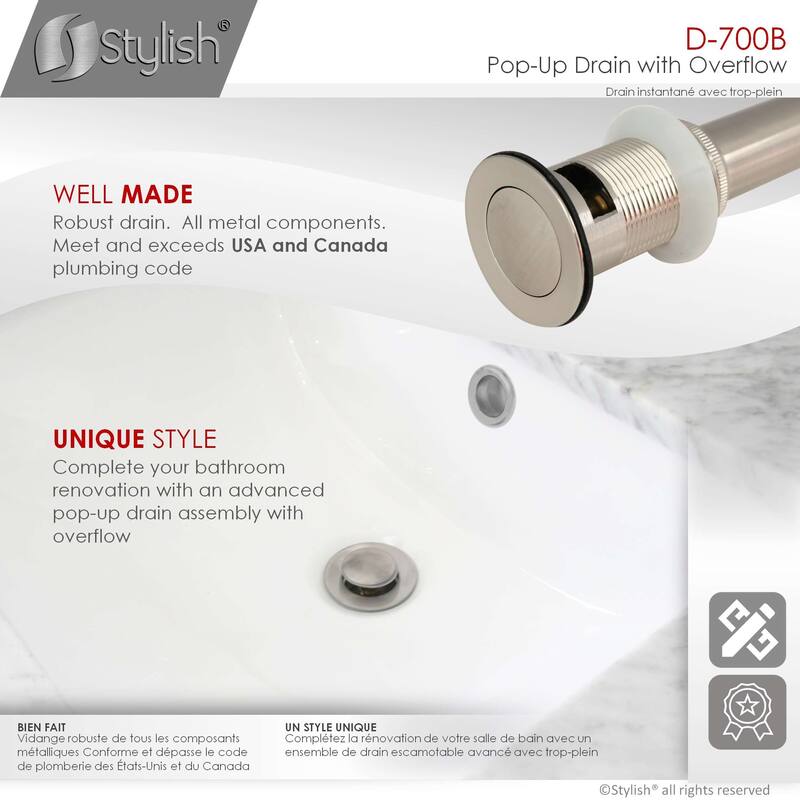 Stainless Steel Ceramic Bathroom Sink PopUp Drain with Overflow