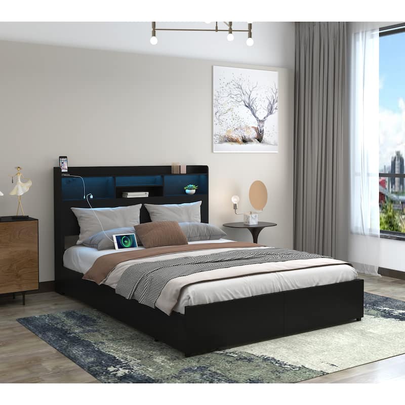 Black Platform Storage Bed Frame with Pull-out Storage Drawers and Storage Shelf Headboard Built-in Charging Station
