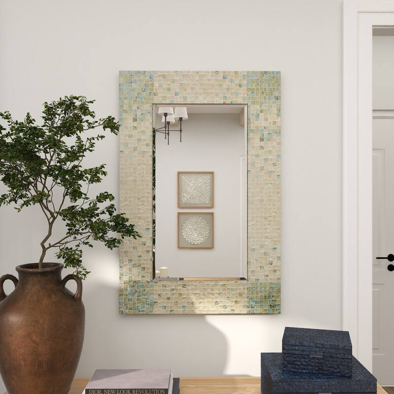 Cream Mother of Pearl Shell Handmade Mosaic Room Wall Mirror with Blue Corners