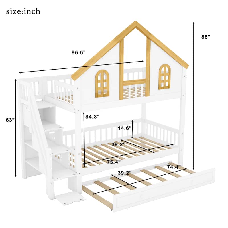 Wooden House Roof Bunk Bed with Trundle & Storage Staircase by Harper&Bright Designs