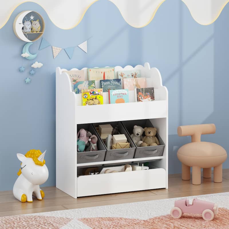 Kids Bookshelf with Storage Bins and Drawer,Multi-Functional Wooden Book Organizer for Toddlers,White Bookcase for Toys, Books
