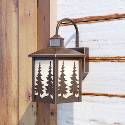 Yosemite Bronze Motion Sensor Dusk to Dawn Rustic Outdoor Wall Light White Glass - 7-in. W x 14.75-in. H x 9.25-in. D