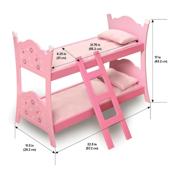 Badger Basket Blossoms and Butterflies Doll Bunk Bed with Ladder and Bedding - Pink