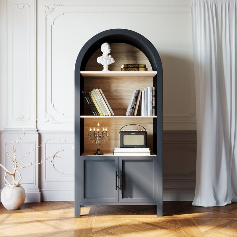 Mid-Century Modern 66.7" Arched Bookcase, 3-Tier Arched Bookshelf Cabinet