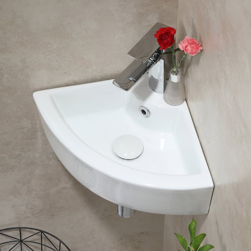 HOROW 12.6 in. Corner Wall-Hung Bathroom Sink in White with Overflow - White