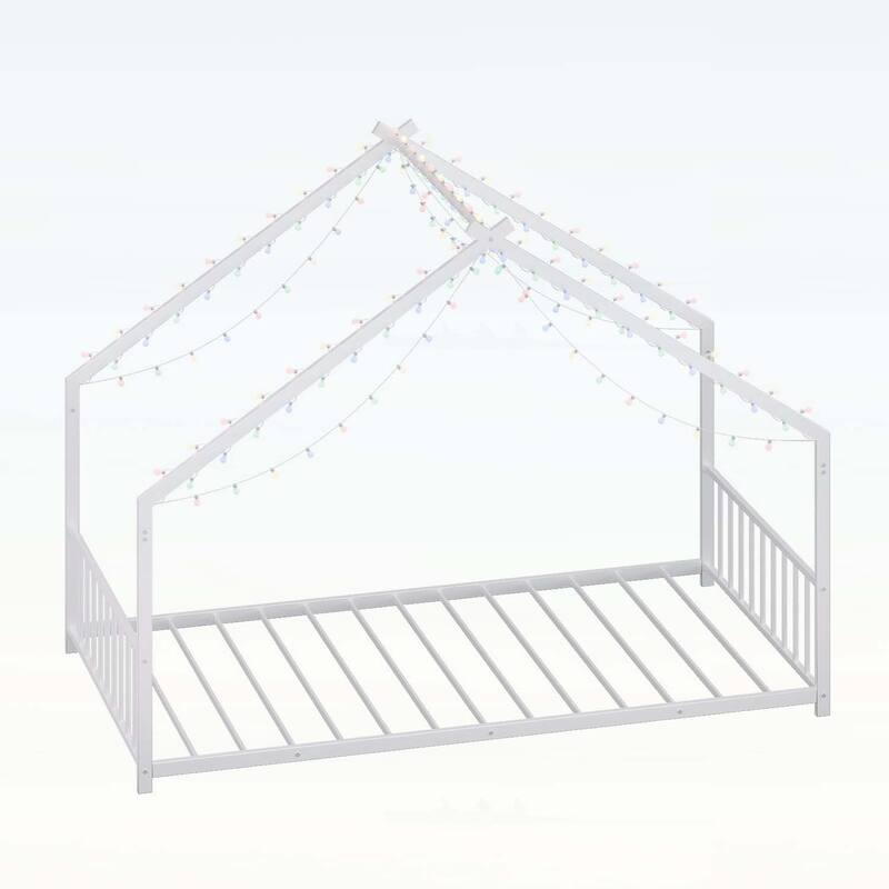 Platform Bed with LED light strips,roof-shaped iron frame,and low profile design for safety and style