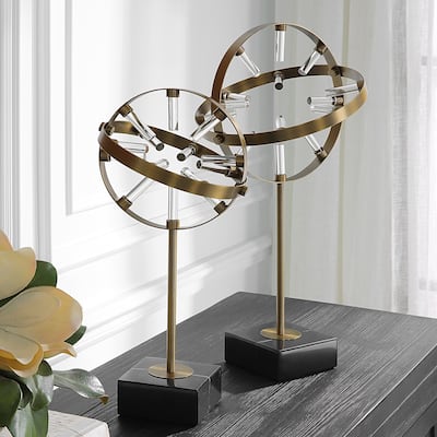 Spherical Ring Sculptures with Marble Base - 22" - Brass Finish - Set of 2