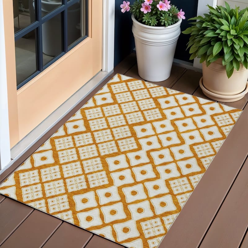 Orange And Ivory Geometric Washable Indoor Outdoor Area Rug - 3' x 5' - 3' x 5' - Orange/Ivory