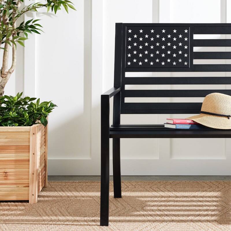 Black Steel Patriotic Outdoor Bench Curved Slatted Seating 50-Inch - 50"(L) x 26.75"(W) x 37.25"(H)