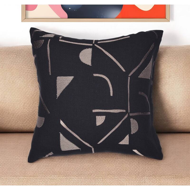 HomeRoots 24" Beige and Black Geometric Cotton Blend Throw Pillow With Embroidery - Accent - Polyester