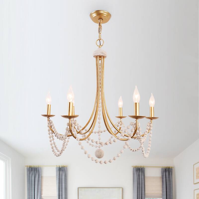Oaks Aura Mid-Century 6-Light Wood Ceiling Light, Swing Arms French Country Boho Wood Beaded Chandelier - Rusty Gold
