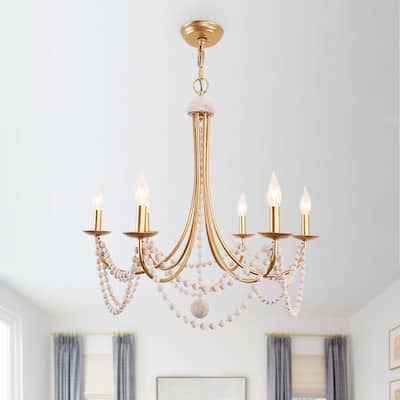 Oaks Aura Mid-Century 6-Light Wood Ceiling Light, Swing Arms French Country Boho Wood Beaded Chandelier