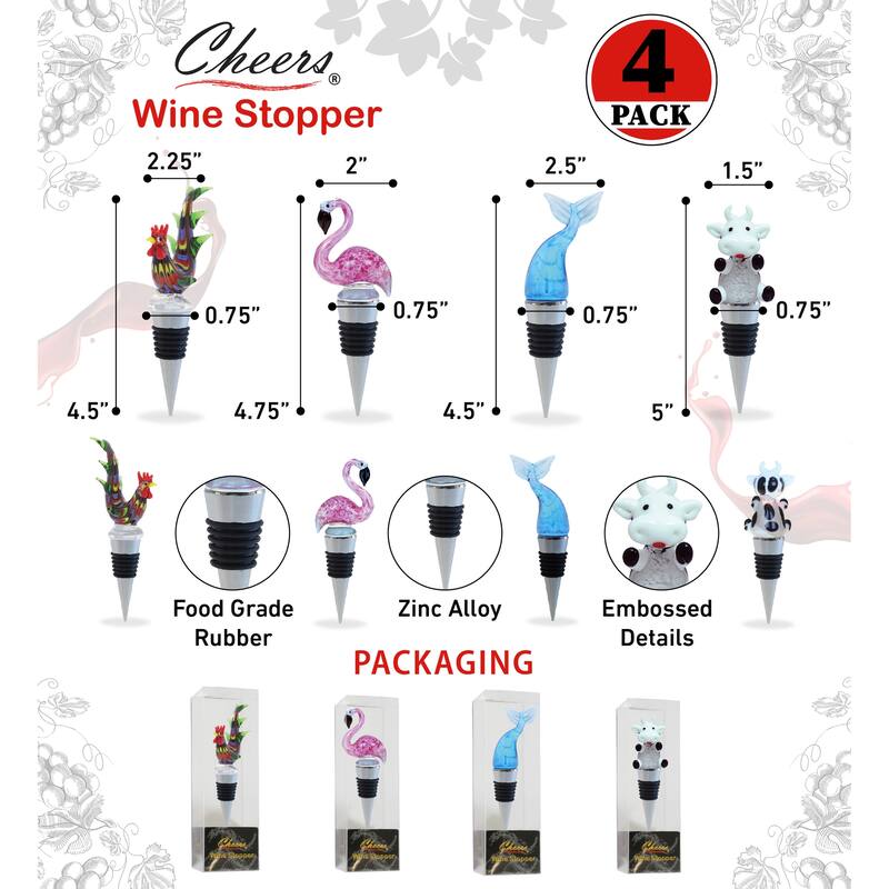 Cheers Mermaid Tail, Flamingo, Rooster, Cow Glass Wine Stopper - 4 Pc. - 1 Lx1.5 Wx5 H inches