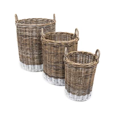 happimess Ternion Cottage Hand-Woven Rattan Nesting Baskets with Handles, Kubu Gray/White (Set of 3)