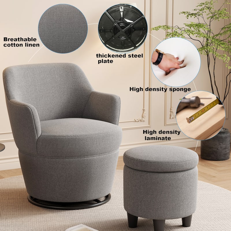 Swivel Accent Chair with Storage Ottoman, Modern Lounge Sofa Chair Barrel Chair Arm Chair with Nail Trim