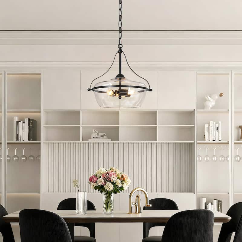 Mid-Century Modern 3-Light Glass Chandelier Black Gold Pendant Lights for Dining Room
