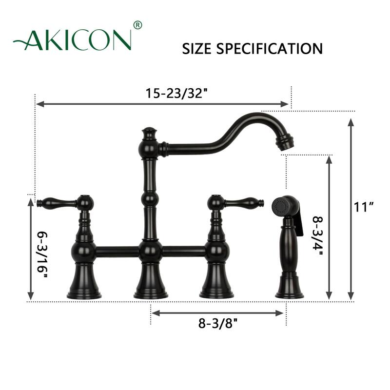Two-Handles Bridge Kitchen Faucet with Side Sprayer 8-3/8 Inch High Arc