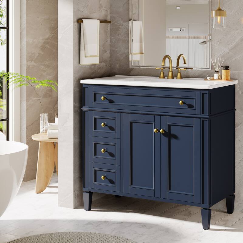 36" Bathroom Vanity with Sink, Modern Bathroom Sink Cabinet with 4 Drawers & 2 Doors, Solid Wood Frame