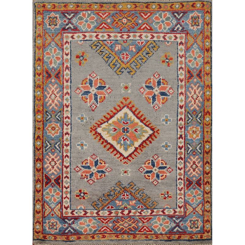 Traditional Kazak Oriental Foyer Rug Hand-Knotted Grey Wool Carpet - 2'0"x 3'0"