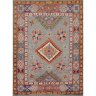 Traditional Kazak Oriental Foyer Rug Hand-Knotted Grey Wool Carpet - 2'0"x 3'0"