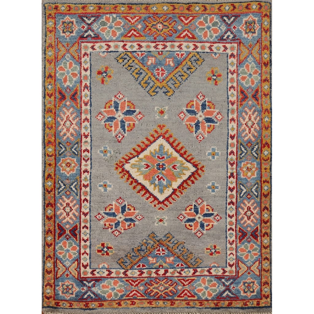 Traditional Kazak Oriental Foyer Rug Hand-Knotted Grey Wool Carpet - 2'0"x 3'0"